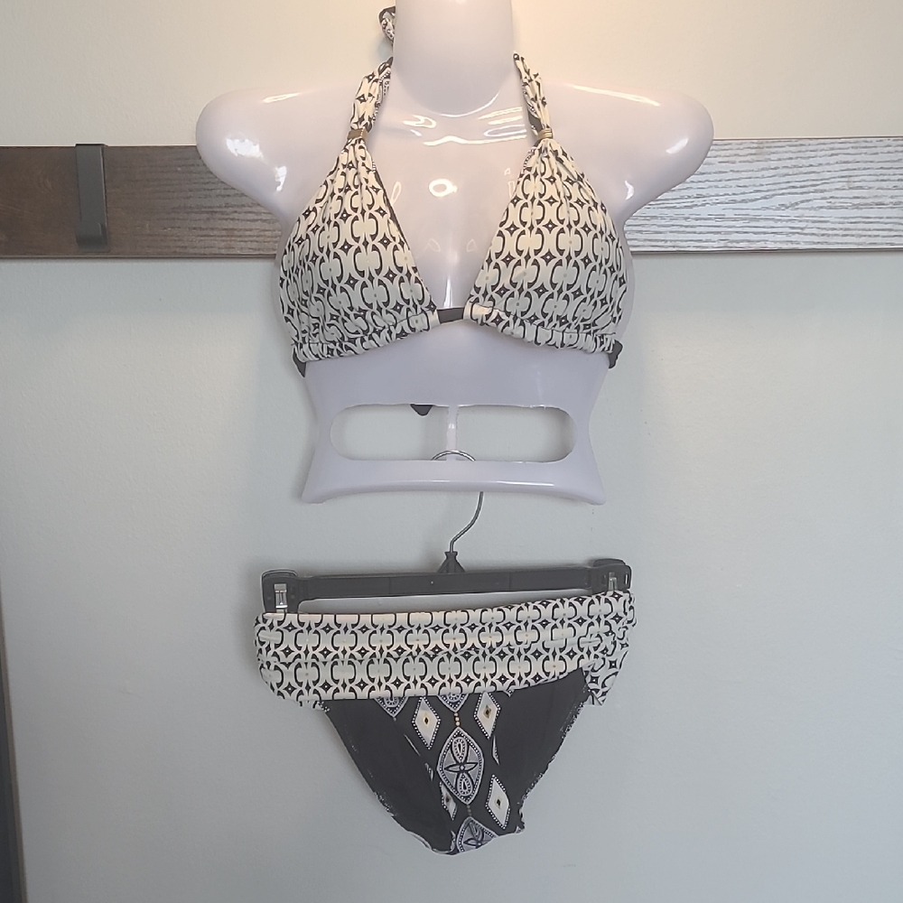 Reversible Top Tribal Print Gold Black Cream Monochrome Women's Bikini Set